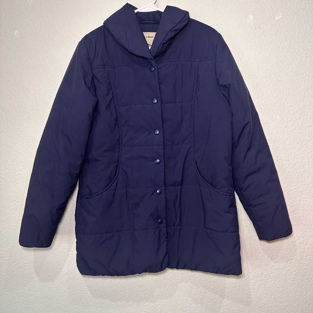 LL Bean Womens Navy Blue Insulated Puffer Jacket Shawl Collar Snap‎ Front Small